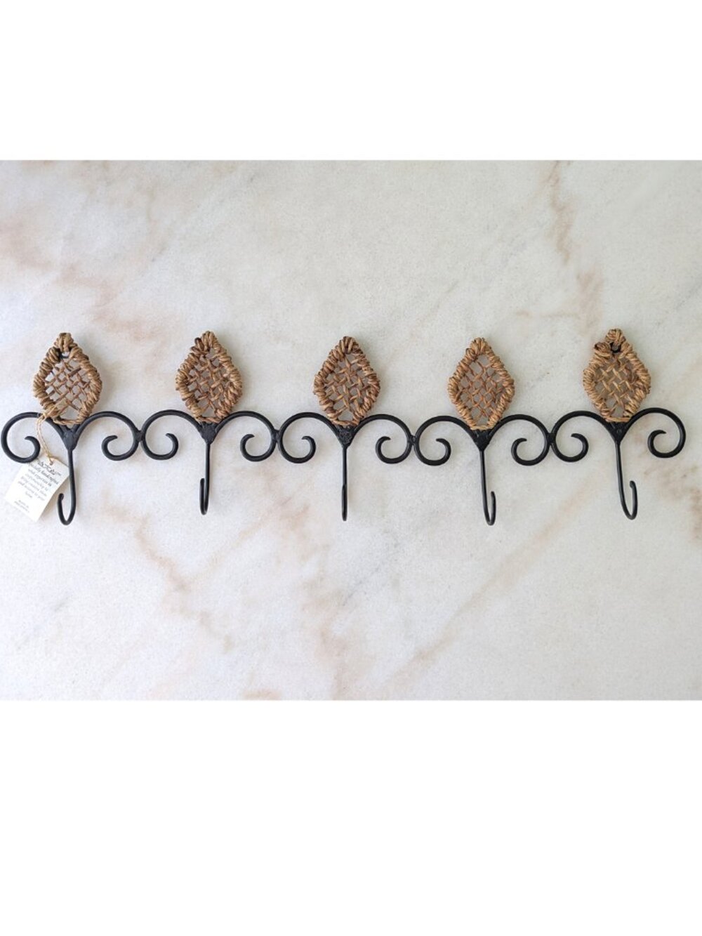 5 Hook Raffia Wrapped Iron Metal Hanging Wall Rack